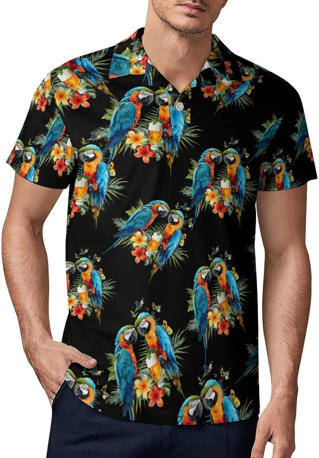 Hawaiian Parrots and Beer Men's Polo Shirt Short Sleeve Casual Athletic Quick Dry Golf T-Shirts