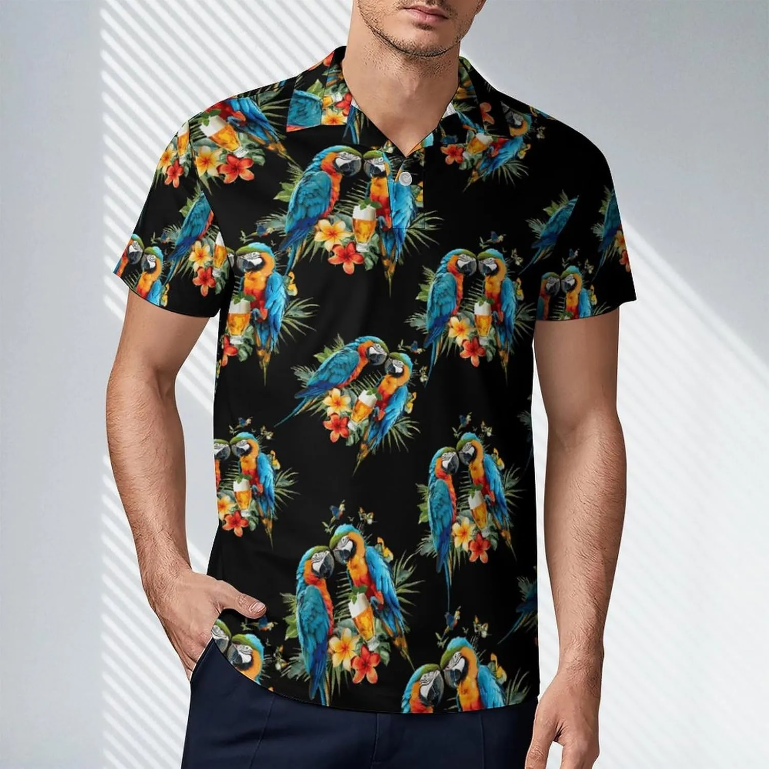 Hawaiian Parrots and Beer Men's Polo Shirt Short Sleeve Casual Athletic Quick Dry Golf T-Shirts