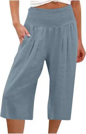 High Waisted Capri Pants for Women Casual Summer Wide Leg Cotton Linen Pant Beach Cropped Trousers Resort Wear