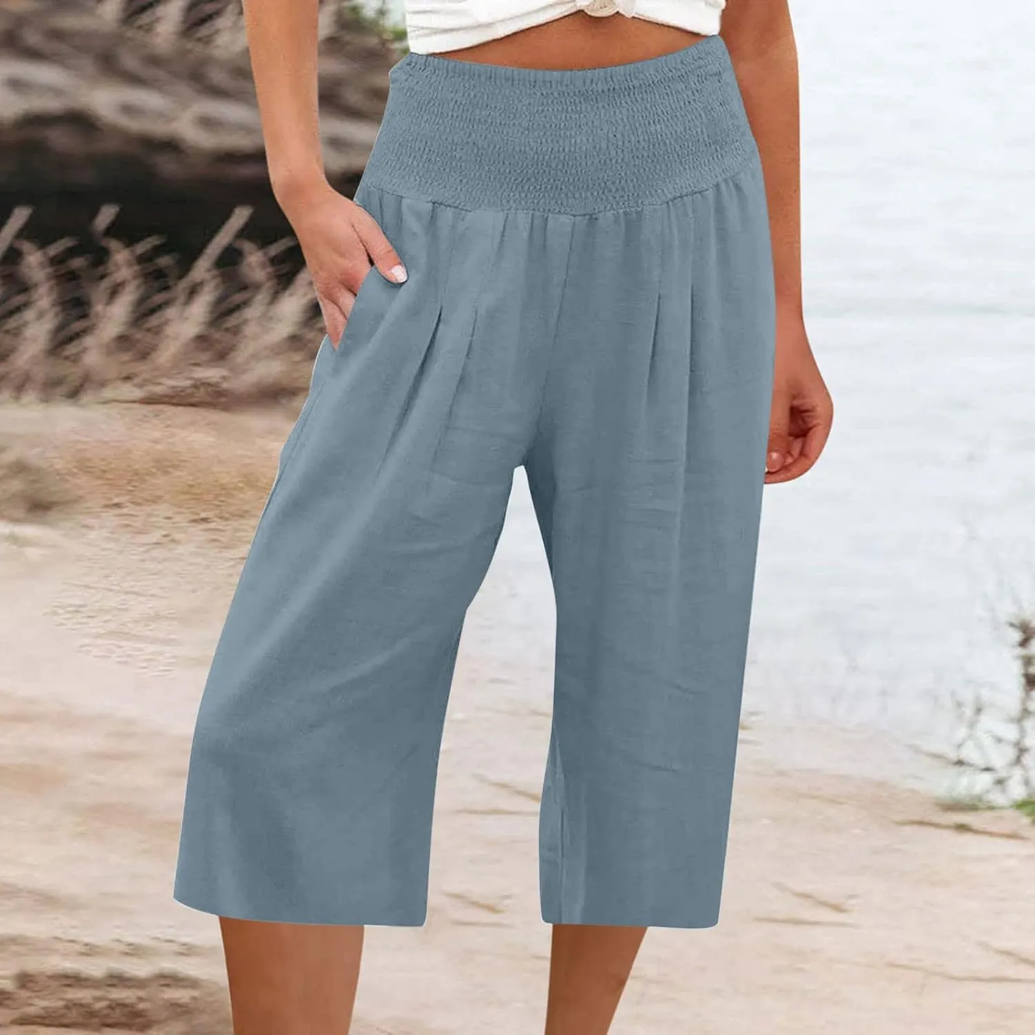 High Waisted Capri Pants for Women Casual Summer Wide Leg Cotton Linen Pant Beach Cropped Trousers Resort Wear
