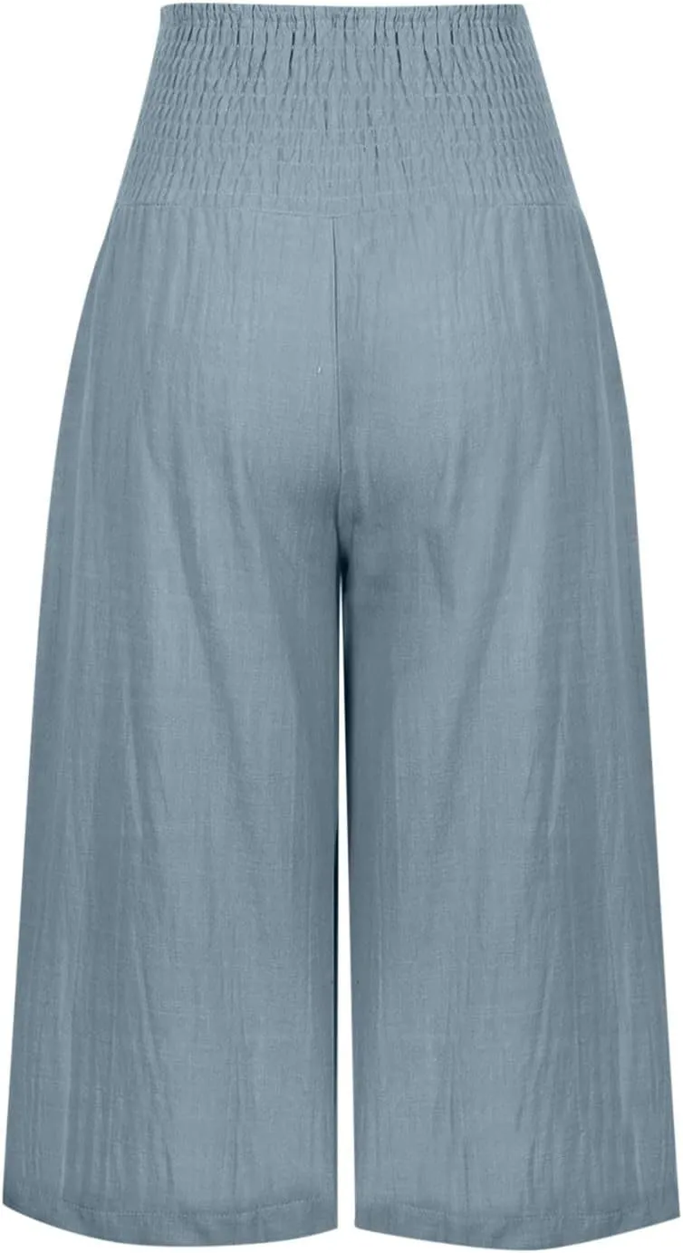 High Waisted Capri Pants for Women Casual Summer Wide Leg Cotton Linen Pant Beach Cropped Trousers Resort Wear
