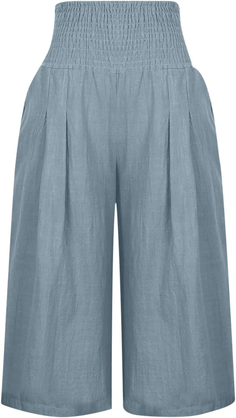 High Waisted Capri Pants for Women Casual Summer Wide Leg Cotton Linen Pant Beach Cropped Trousers Resort Wear