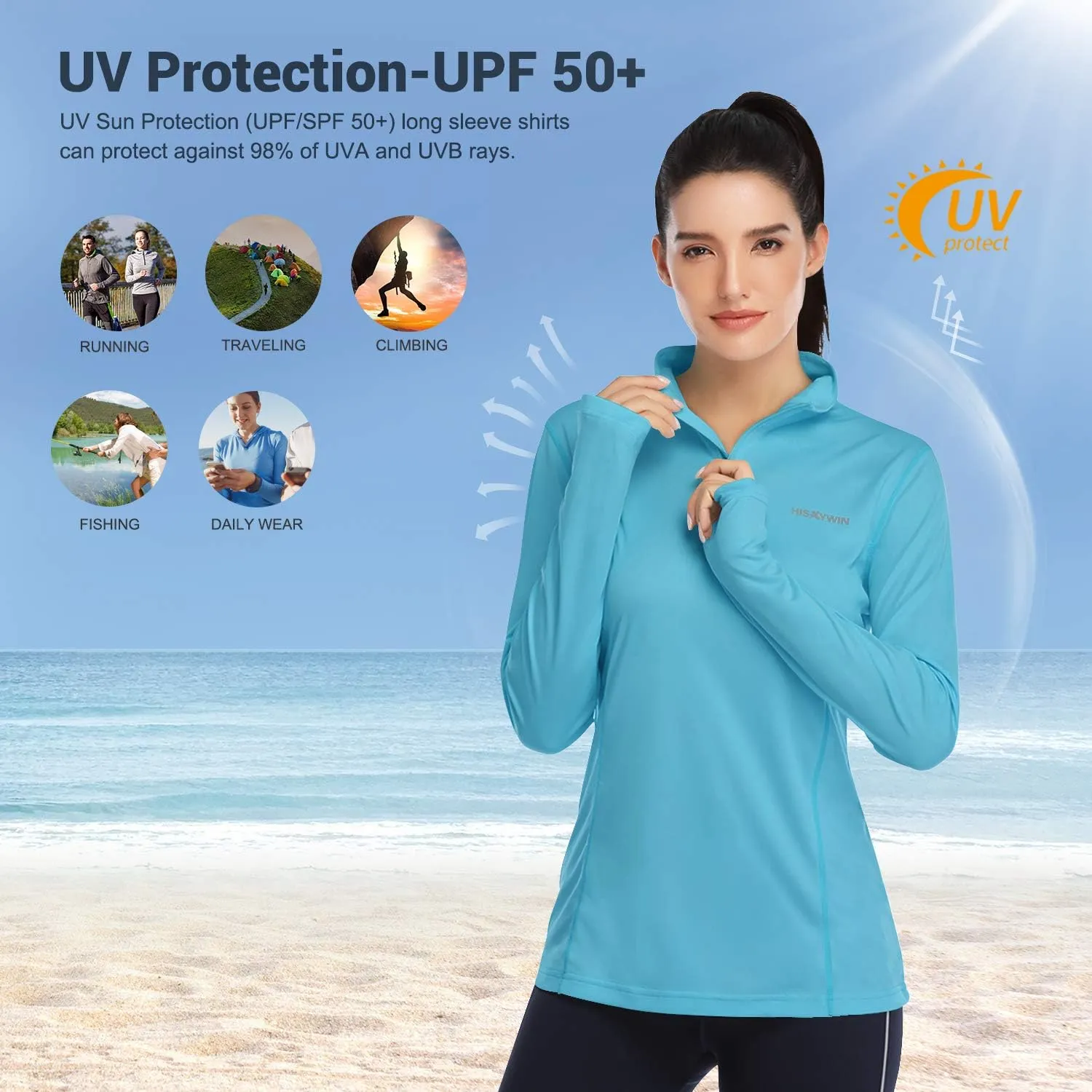 HISKYWIN Womens UPF 50  Sun Protection Tops Long Sleeve Half-Zip Thumb Hole Outdoor Workout Shirt