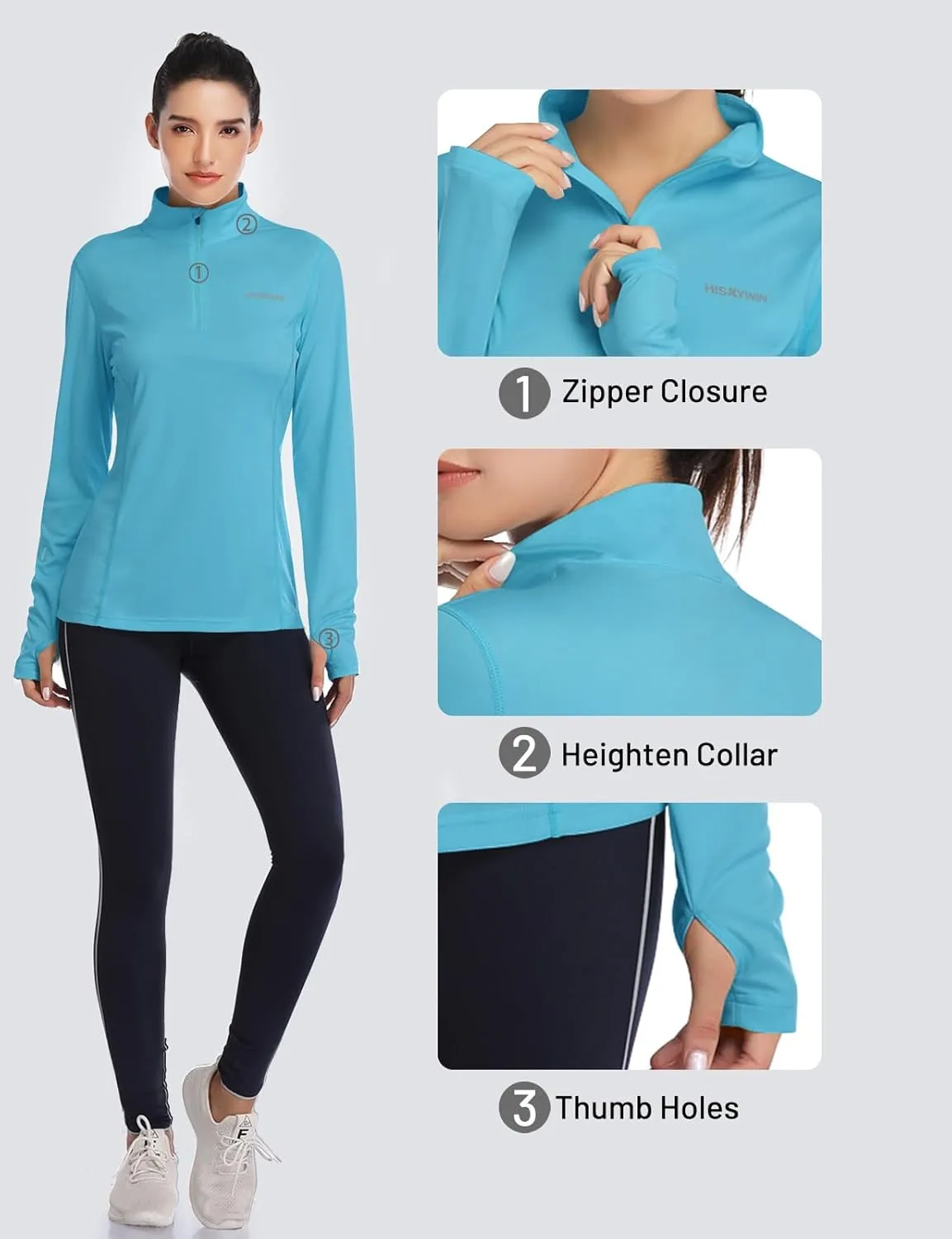 HISKYWIN Womens UPF 50  Sun Protection Tops Long Sleeve Half-Zip Thumb Hole Outdoor Workout Shirt