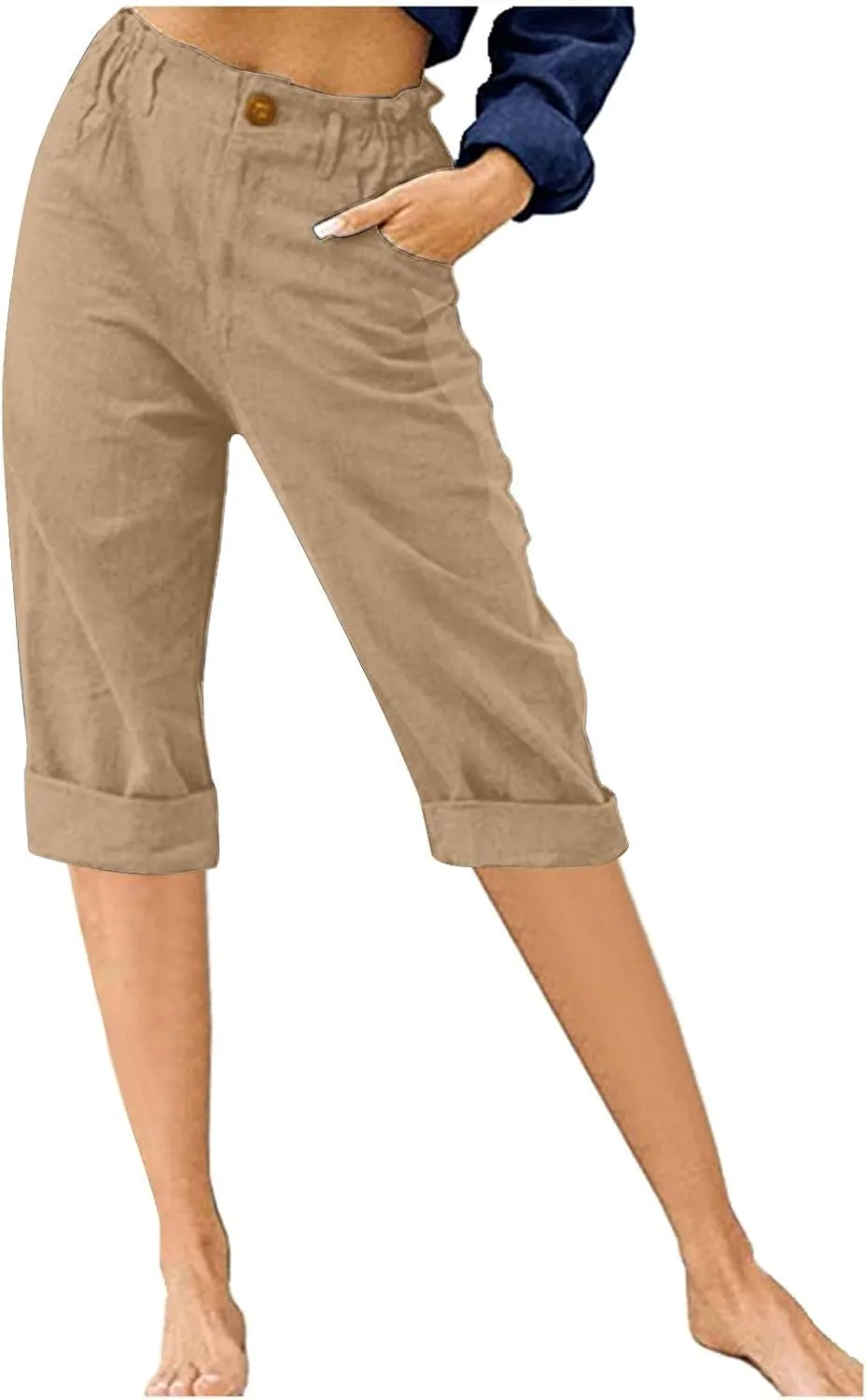 hlysgo Women's Casual Capri Pants High Waisted Cotton Linen Pants Summer Loose Comfy Beach Cropped Trouser with Pockets