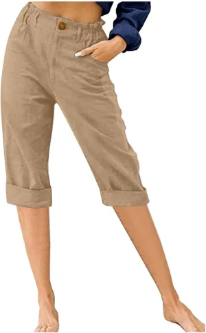 hlysgo Women's Casual Capri Pants High Waisted Cotton Linen Pants Summer Loose Comfy Beach Cropped Trouser with Pockets