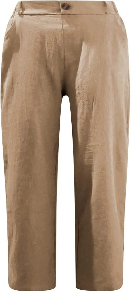 hlysgo Women's Casual Capri Pants High Waisted Cotton Linen Pants Summer Loose Comfy Beach Cropped Trouser with Pockets