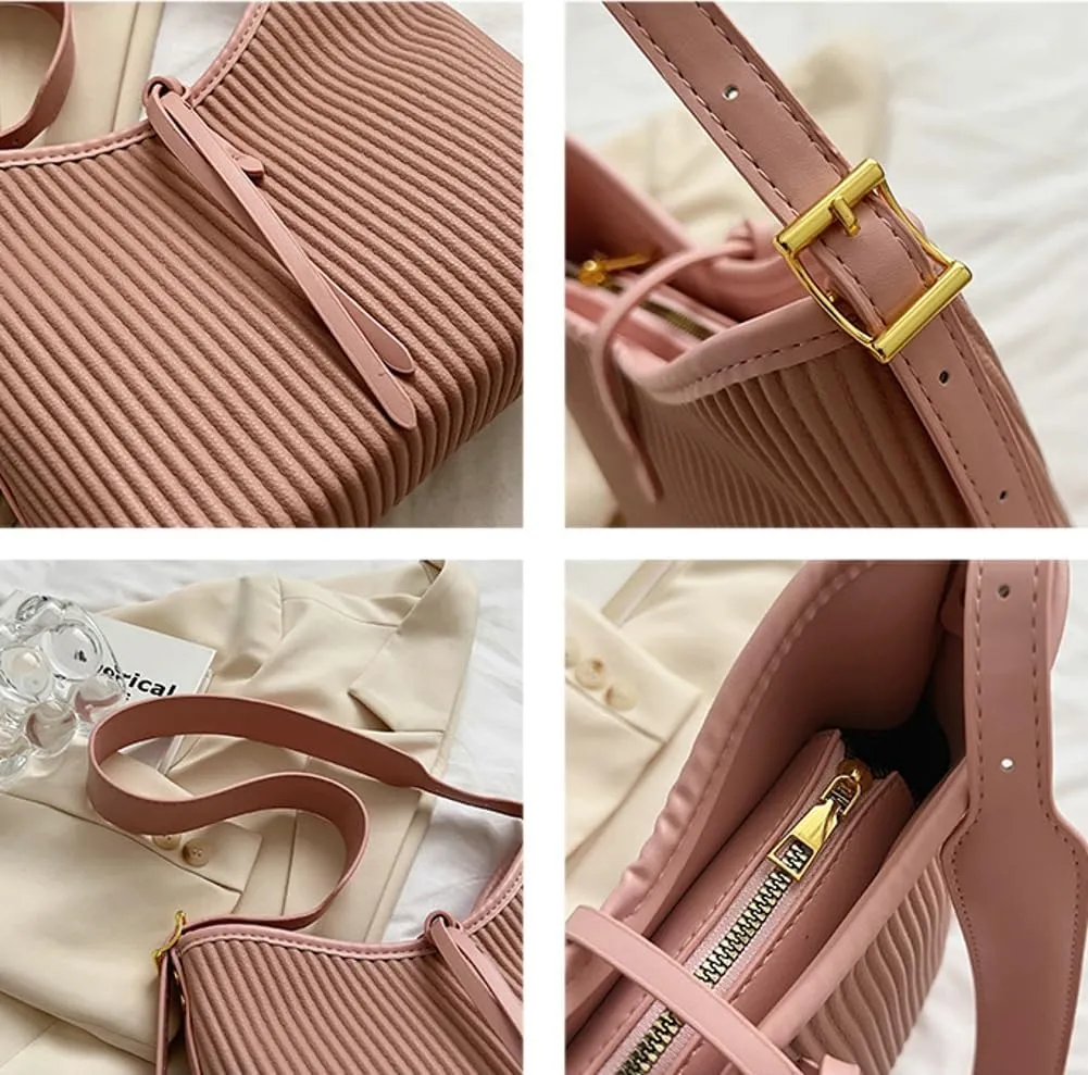 Hobo Bags for Women Vegan Leather Tote Bag Trendy Striped Shoulder Crossbody Bag Purse Handbag