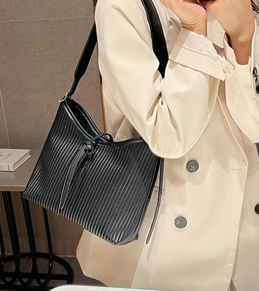 Hobo Bags for Women Vegan Leather Tote Bag Trendy Striped Shoulder Crossbody Bag Purse Handbag