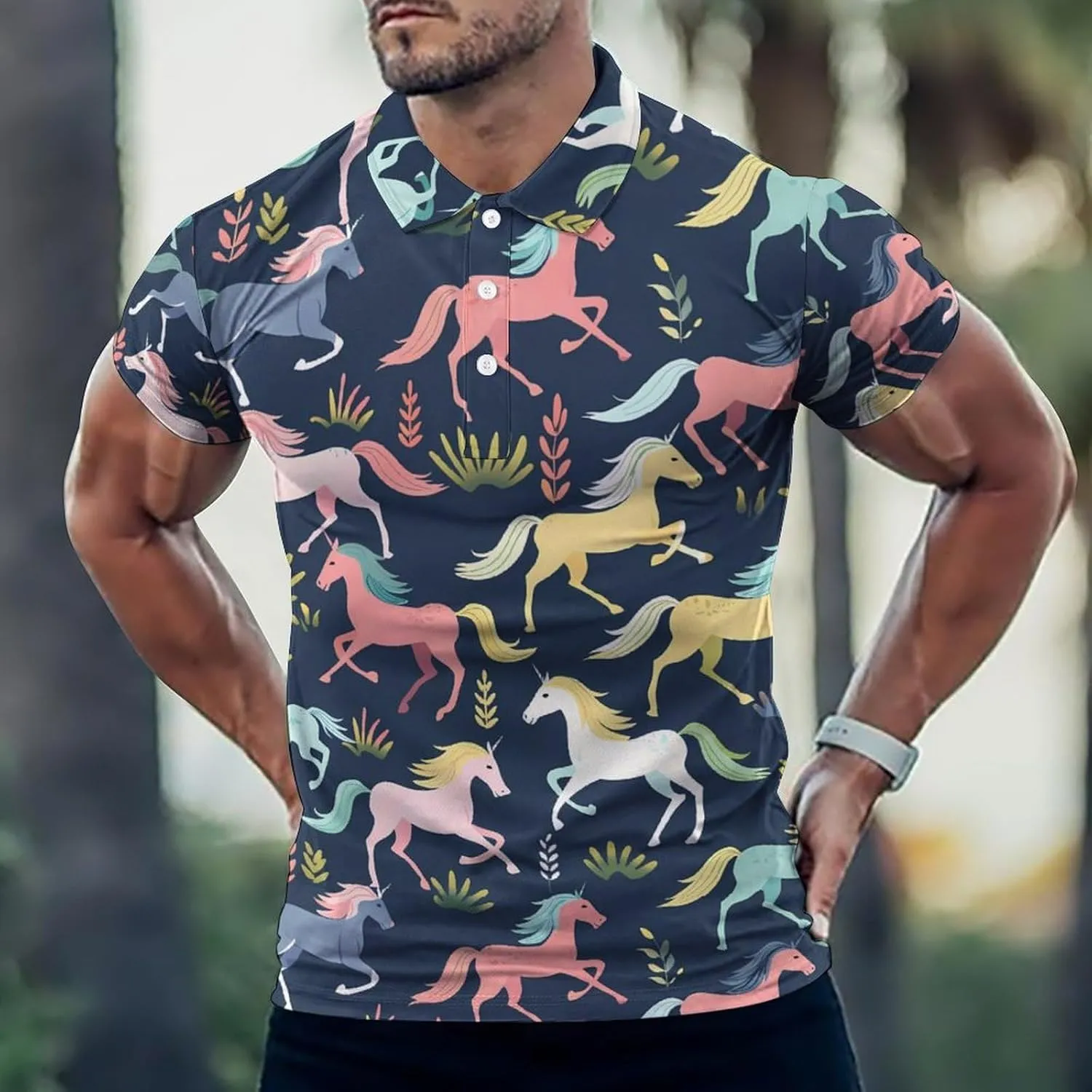 Horses Pattern Mens Polo Shirts Quick Dry Short Sleeve Golf Slim Fit T Shirt
