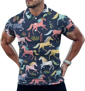 Horses Pattern Mens Polo Shirts Quick Dry Short Sleeve Golf Slim Fit T Shirt