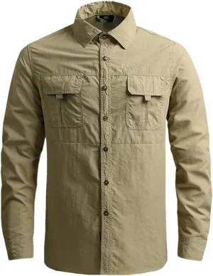 Hot Tactical Hiking Shirts Men Long Sleeve Cargo Work Shirt Summer Outdoor Quick-Dry Military Camping Hunting Fishing Work Shirt Long-Khaki Asian-L