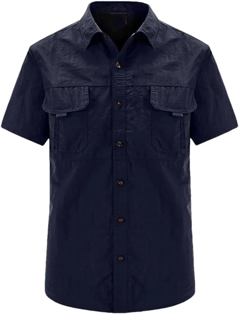 Hot Tactical Hiking Shirts Men Long Sleeve Cargo Work Shirt Summer Outdoor Quick-Dry Military Camping Hunting Fishing Work Shirt Short-Navy Asian-L