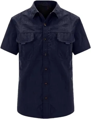 Hot Tactical Hiking Shirts Men Long Sleeve Cargo Work Shirt Summer Outdoor Quick-Dry Military Camping Hunting Fishing Work Shirt Short-Navy Asian-L