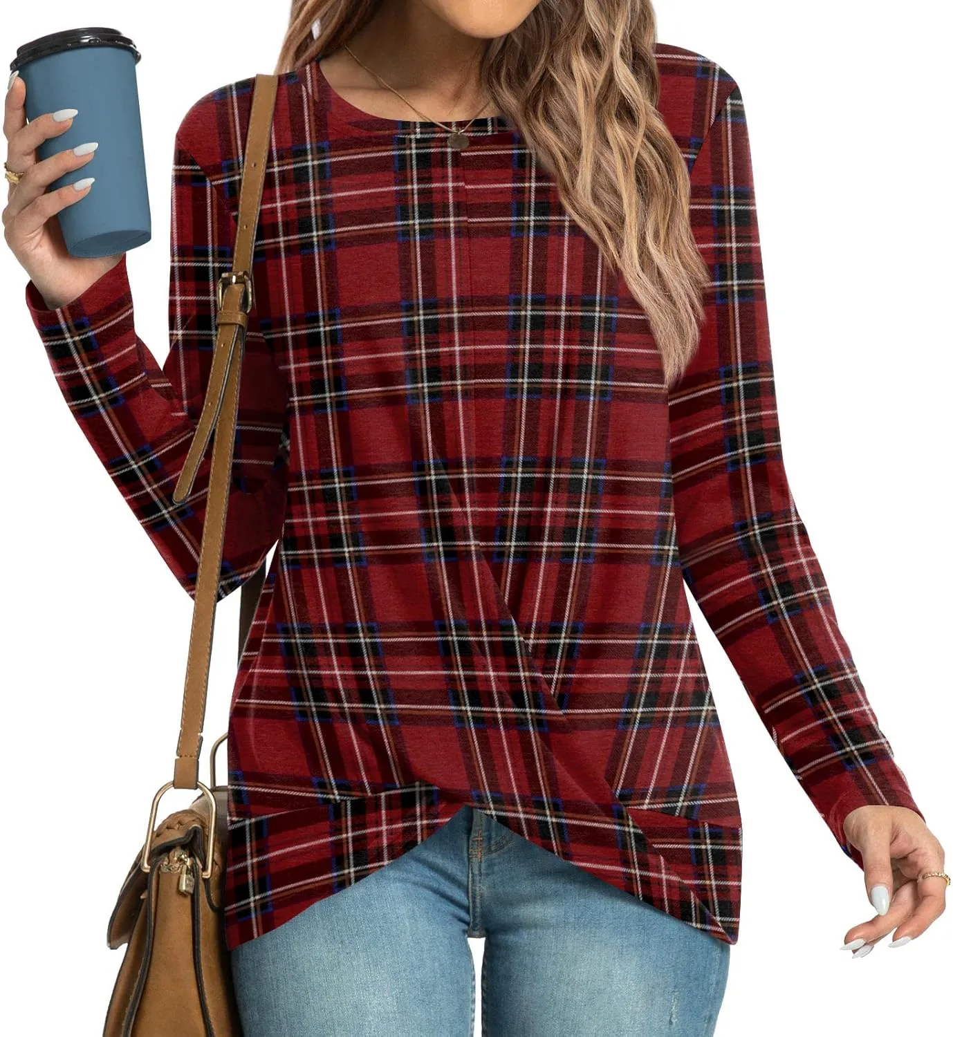 HOTGIFT Women's Long Sleeve Tunic Tops Casual Crewneck T-Shirts Front Twist Top Tee Blouse For Leggings