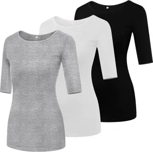 Huukeay 3 Pack Women's Half Sleeve T Shirt 1/2 Sleeve T Shirt Tops Womens Basic Round Neck Slim Fit Stretchy Tees