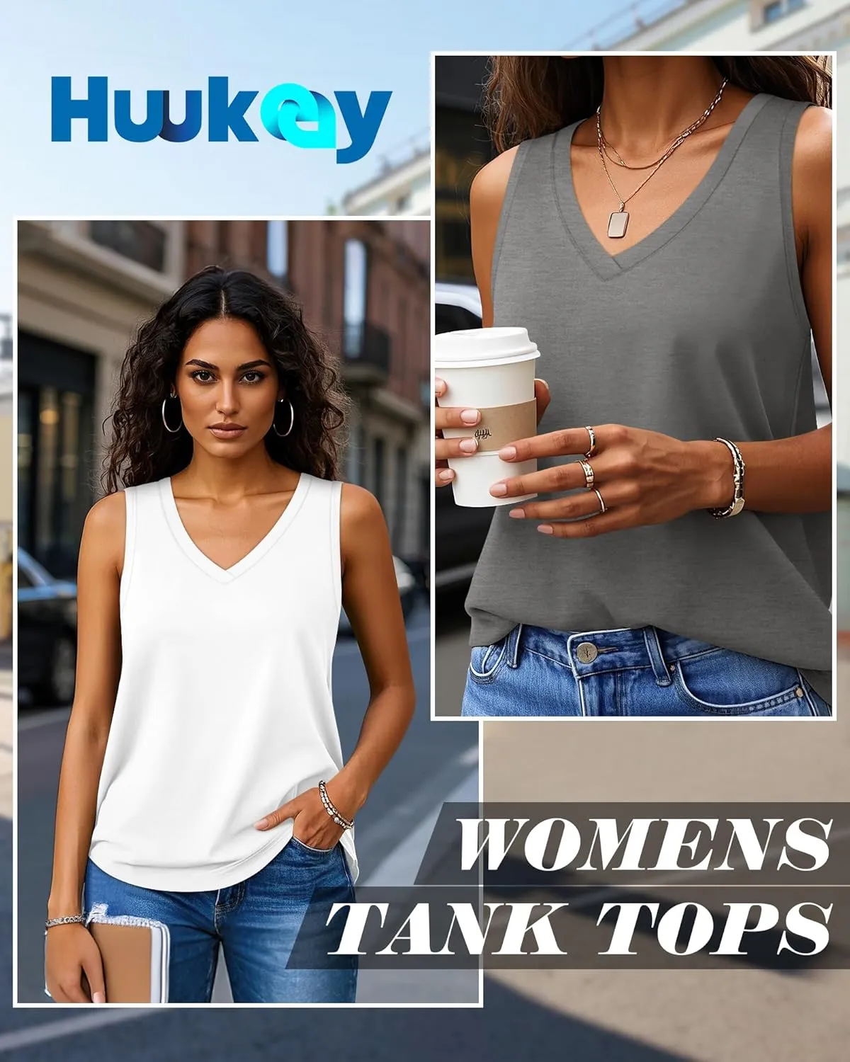 Huukeay 3 Pack Women's Tank Tops V Neck Loose Fit Casual Shirts Flowy Trendy Sleeveless Summer Basic Tee 2025 Fashion