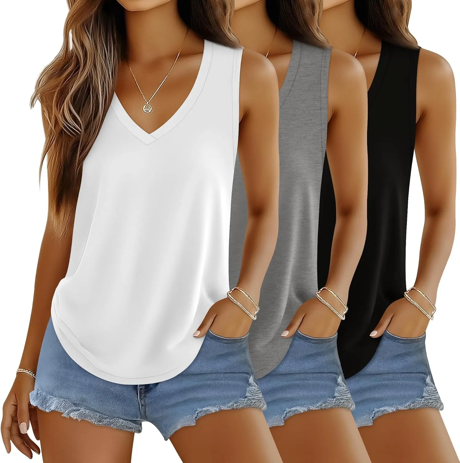 Huukeay 3 Pack Women's Tank Tops V Neck Loose Fit Casual Shirts Flowy Trendy Sleeveless Summer Basic Tee 2025 Fashion