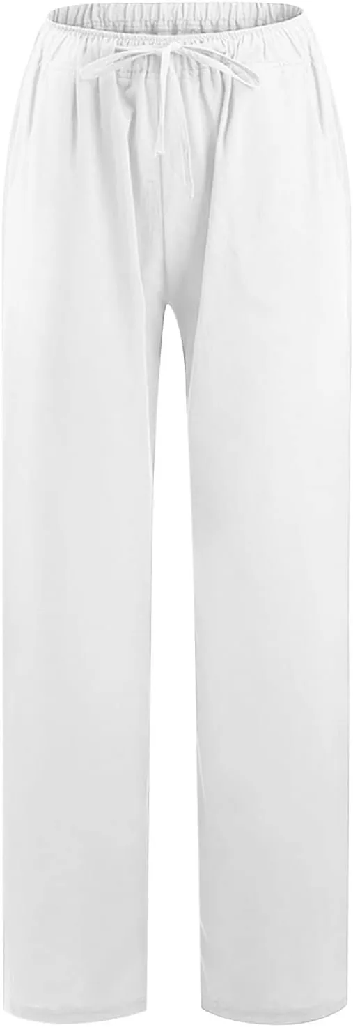 Hvyesh Women Cotton Linen Pants Summer Wide Leg Casual Loose Drawstring High Waist Palazzo Pants Trousers with Pockets