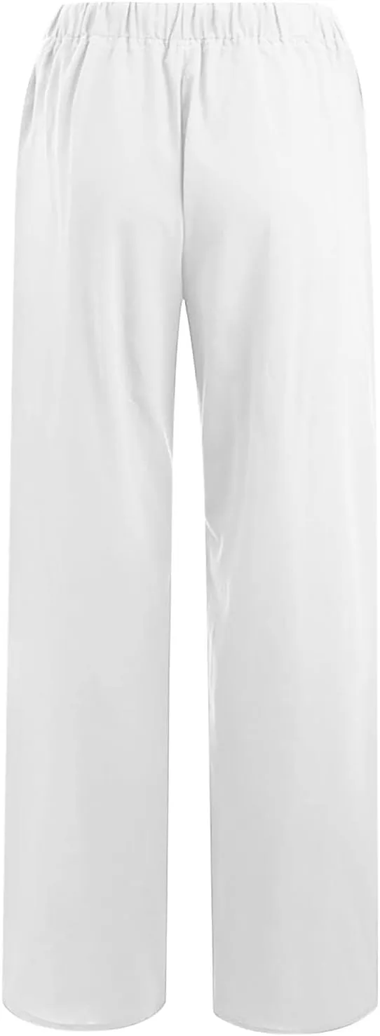 Hvyesh Women Cotton Linen Pants Summer Wide Leg Casual Loose Drawstring High Waist Palazzo Pants Trousers with Pockets