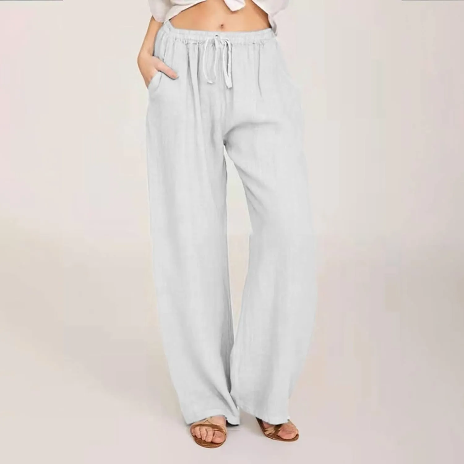 Hvyesh Women Cotton Linen Pants Summer Wide Leg Casual Loose Drawstring High Waist Palazzo Pants Trousers with Pockets