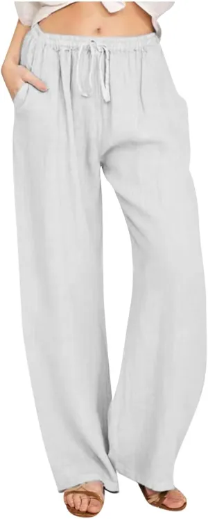 Hvyesh Women Cotton Linen Pants Summer Wide Leg Casual Loose Drawstring High Waist Palazzo Pants Trousers with Pockets