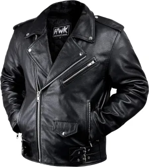 HWK Brando Leather Motorcycle Jacket for Men, Ultra Comfy Vintage Style Genuine Black Leather Jacket with CE Armor and Thermal Lining, Water Resistant Biker Jacket for All-Weather Riding - XX Large
