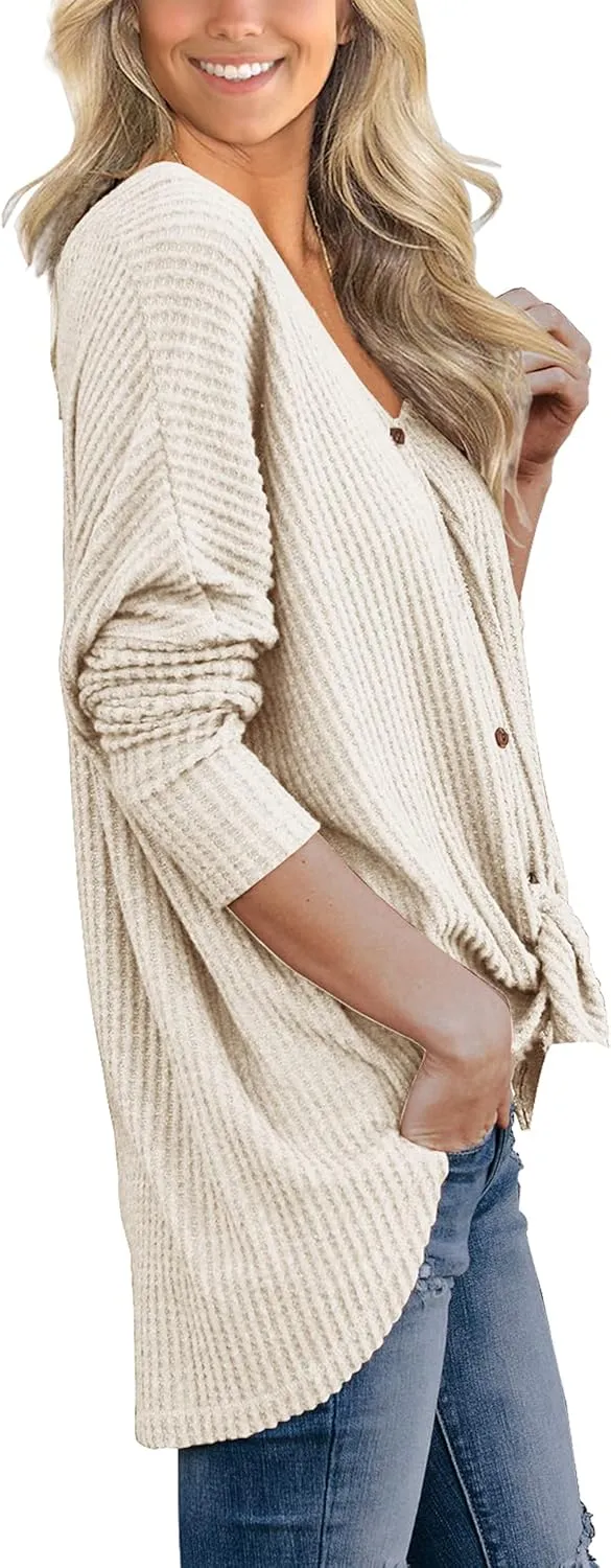 IWOLLENCE Women's Waffle Knit Tunic Blouse Tie Knot Henley Tops Loose Fitting Bat Wing Plain Shirts