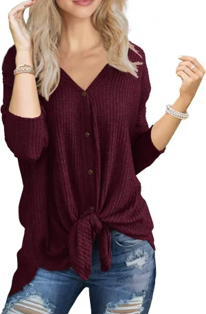 IWOLLENCE Women's Waffle Knit Tunic Blouse Tie Knot Henley Tops Loose Fitting Bat Wing Plain Shirts