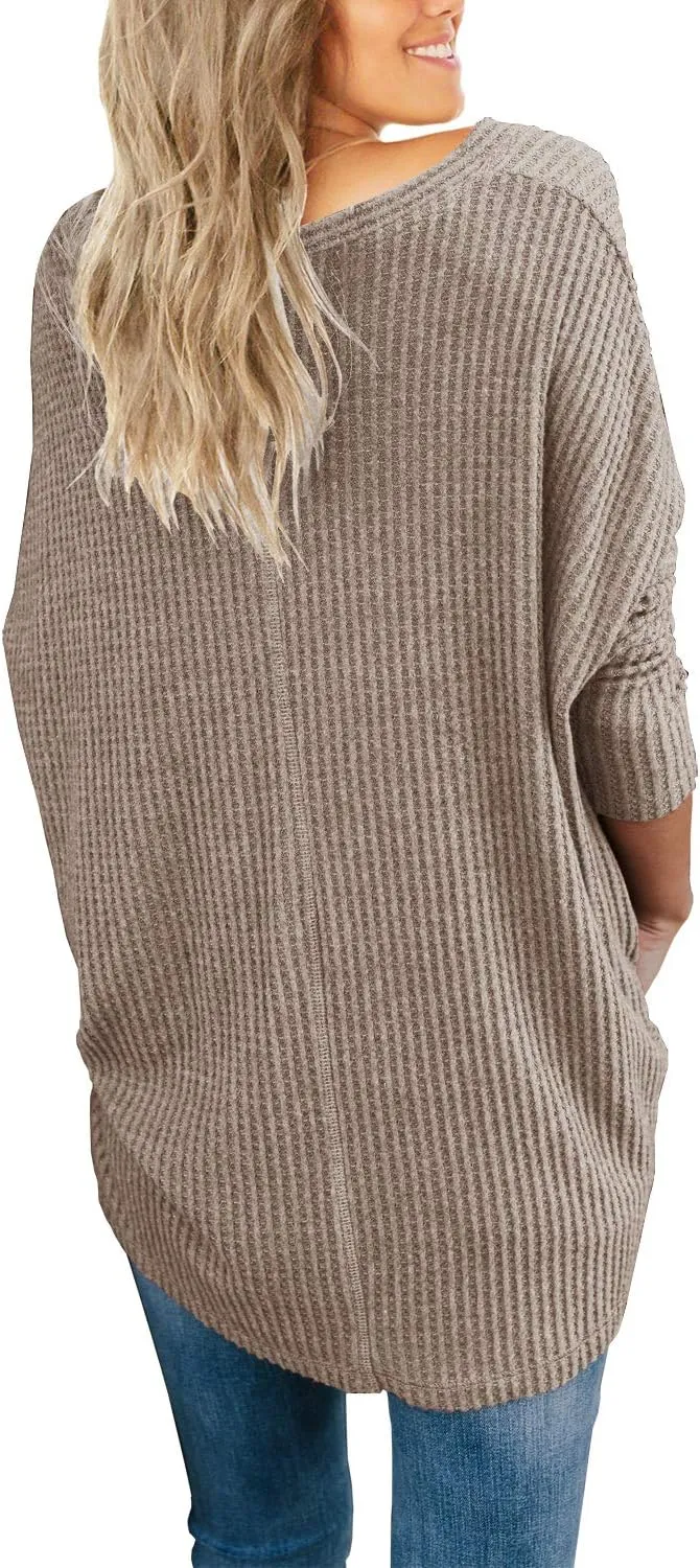 IWOLLENCE Women's Waffle Knit Tunic Blouse Tie Knot Henley Tops Loose Fitting Bat Wing Plain Shirts
