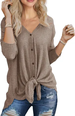 IWOLLENCE Women's Waffle Knit Tunic Blouse Tie Knot Henley Tops Loose Fitting Bat Wing Plain Shirts
