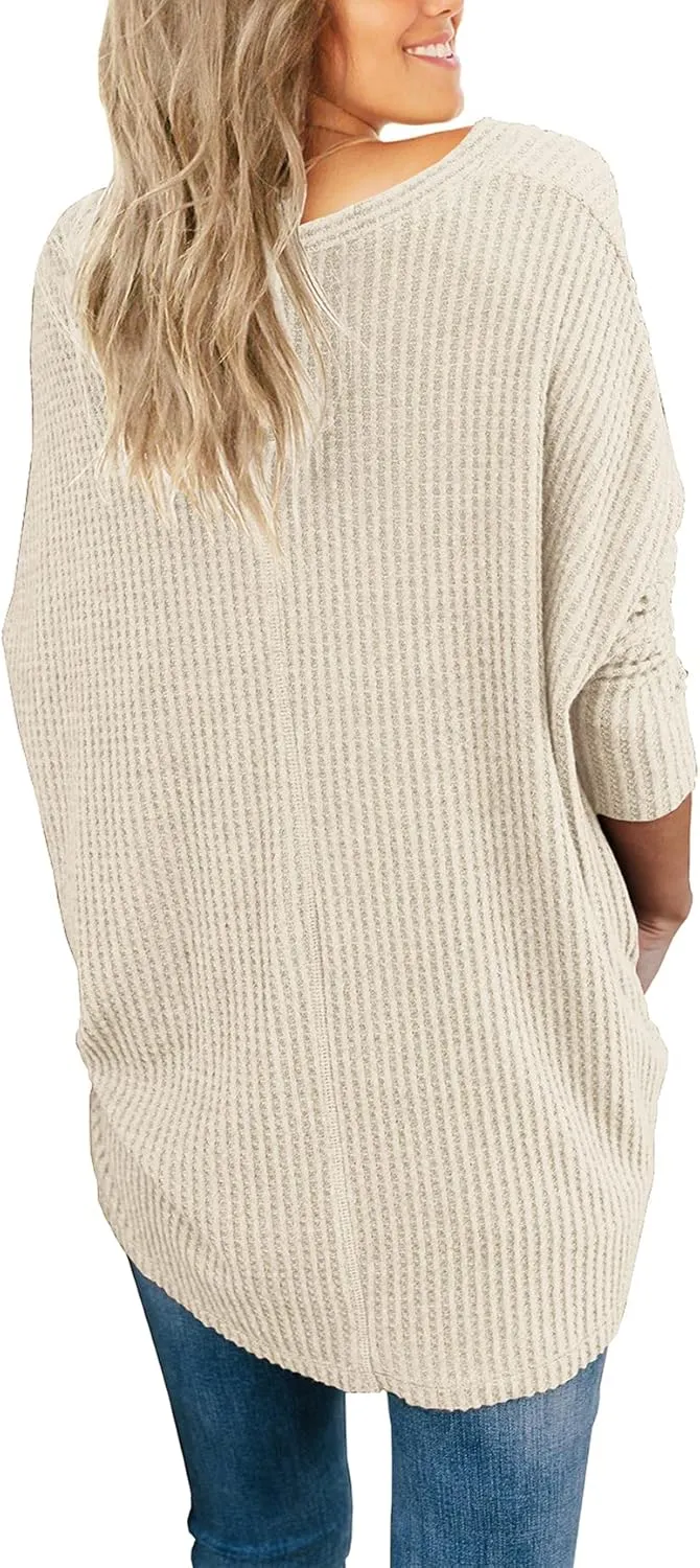 IWOLLENCE Women's Waffle Knit Tunic Blouse Tie Knot Henley Tops Loose Fitting Bat Wing Plain Shirts