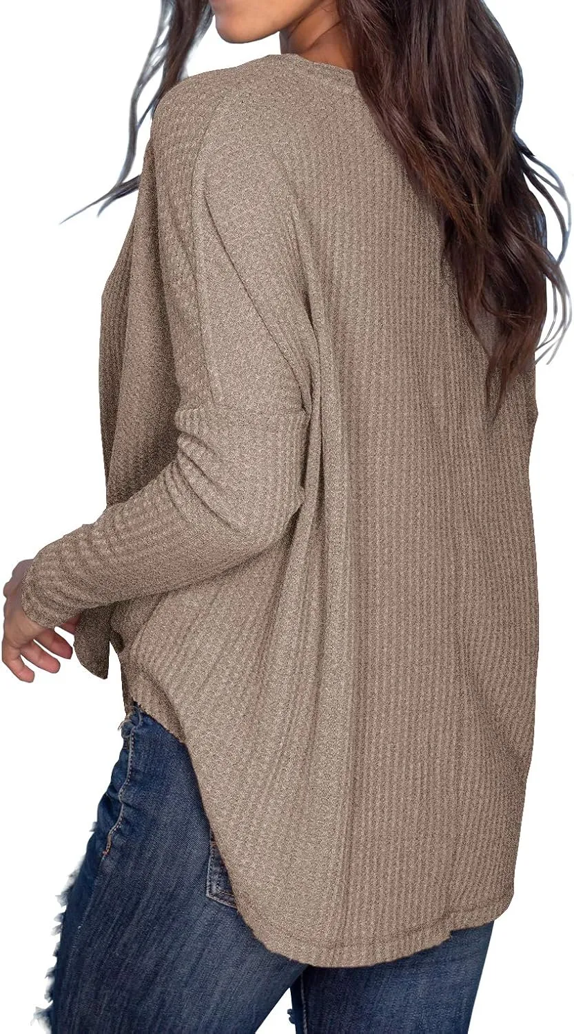 IWOLLENCE Women's Waffle Knit Tunic Blouse Tie Knot Henley Tops Loose Fitting Bat Wing Plain Shirts