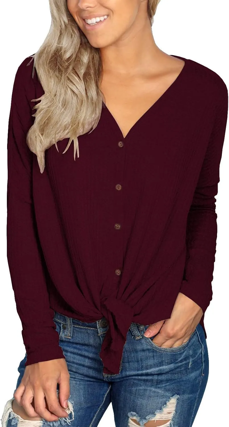 IWOLLENCE Women's Waffle Knit Tunic Blouse Tie Knot Henley Tops Loose Fitting Bat Wing Plain Shirts