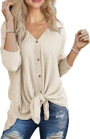 IWOLLENCE Women's Waffle Knit Tunic Blouse Tie Knot Henley Tops Loose Fitting Bat Wing Plain Shirts