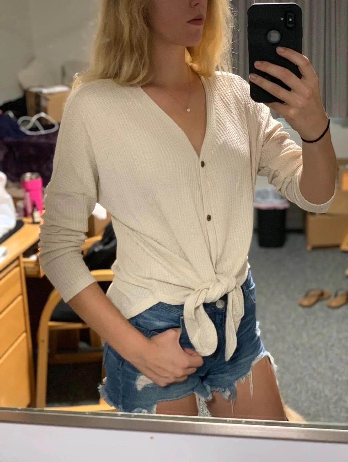 IWOLLENCE Women's Waffle Knit Tunic Blouse Tie Knot Henley Tops Loose Fitting Bat Wing Plain Shirts