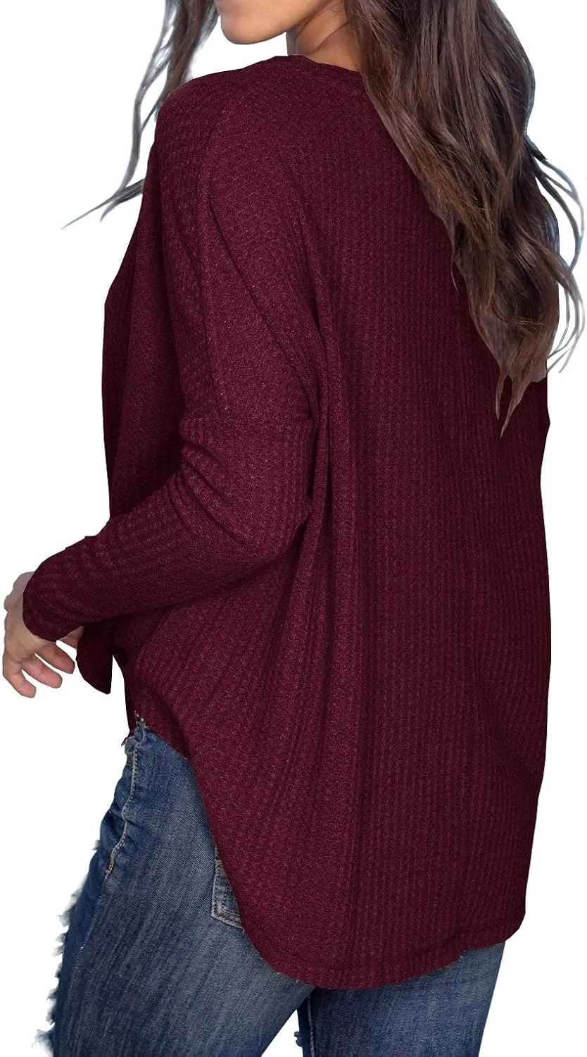 IWOLLENCE Women's Waffle Knit Tunic Blouse Tie Knot Henley Tops Loose Fitting Bat Wing Plain Shirts