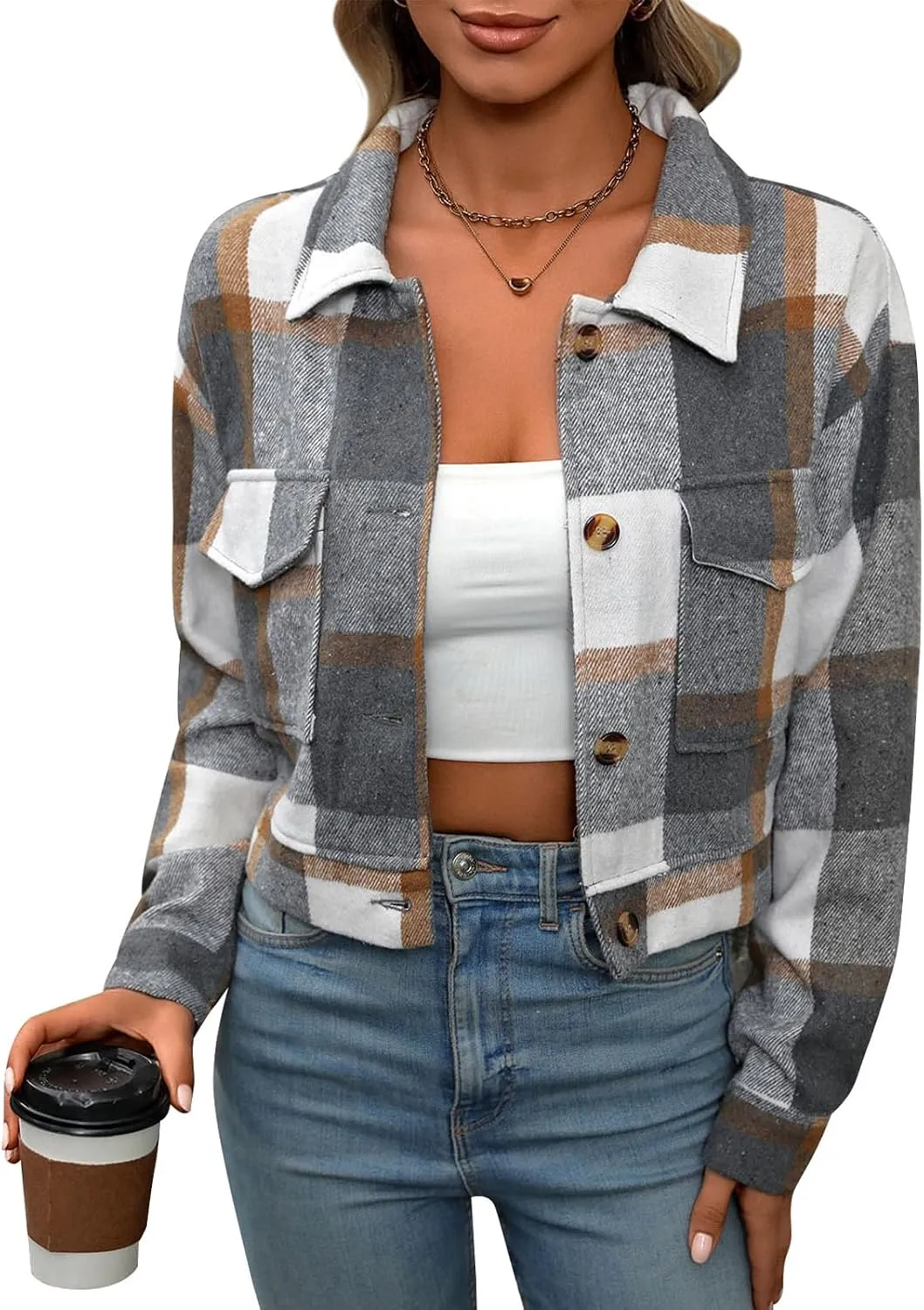 Jade Hare Pea Coat for Women Plaid Shackets Jacket Long Sleeve Peacoat Shirt Casual Lapel Button Down Flannel Trench Coats