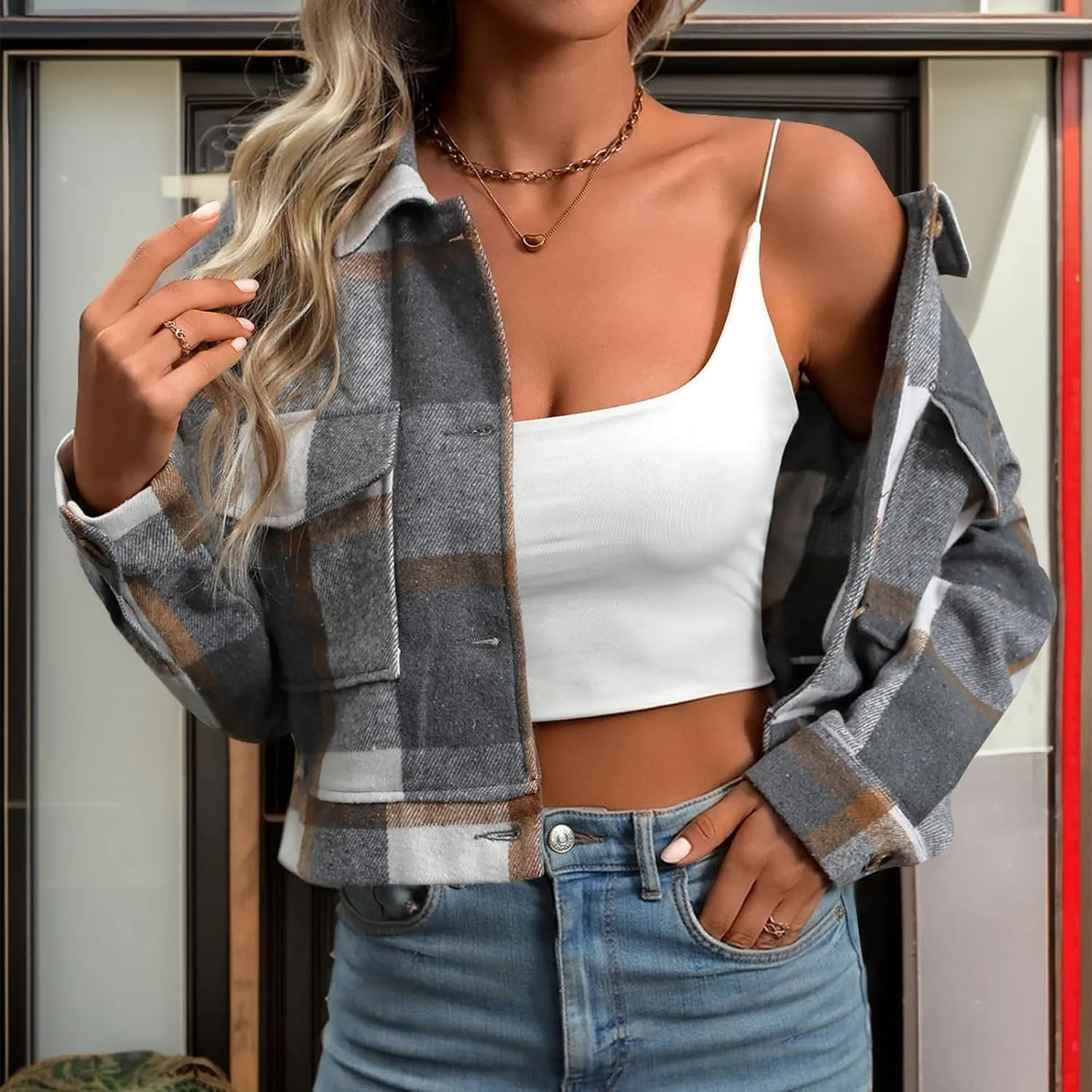 Jade Hare Pea Coat for Women Plaid Shackets Jacket Long Sleeve Peacoat Shirt Casual Lapel Button Down Flannel Trench Coats