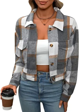 Jade Hare Pea Coat for Women Plaid Shackets Jacket Long Sleeve Peacoat Shirt Casual Lapel Button Down Flannel Trench Coats