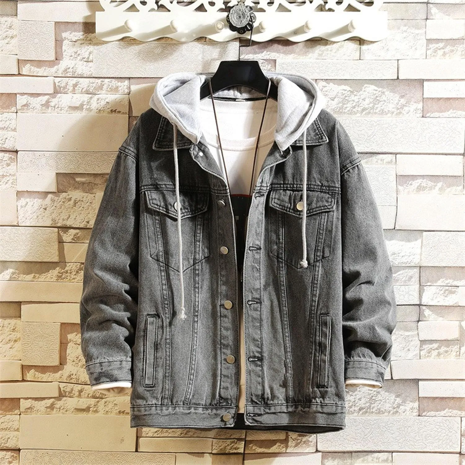 JEKE-DG Men Hoodie Jean Jacket Casual Slim Fit Denim Jacket Casual Long Sleeve Distressed Trucker Outwear with Hood