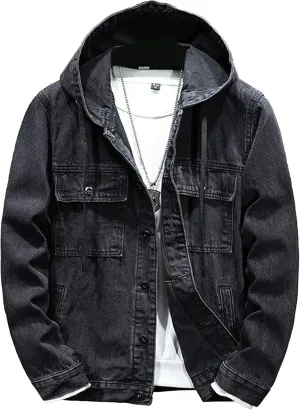 JEKE-DG Men Hoodie Jean Jacket Casual Slim Fit Denim Jacket Casual Long Sleeve Distressed Trucker Outwear with Hood