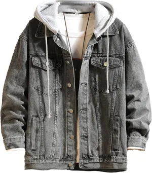 JEKE-DG Men Hoodie Jean Jacket Casual Slim Fit Denim Jacket Casual Long Sleeve Distressed Trucker Outwear with Hood