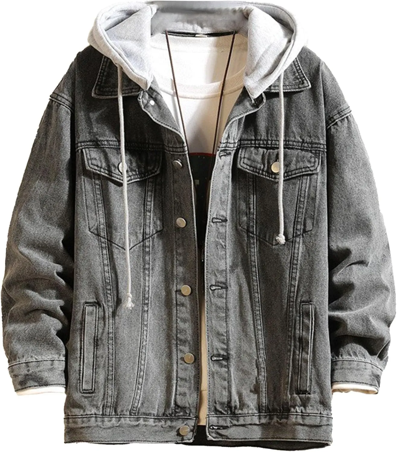 JEKE-DG Men Hoodie Jean Jacket Casual Slim Fit Denim Jacket Casual Long Sleeve Distressed Trucker Outwear with Hood