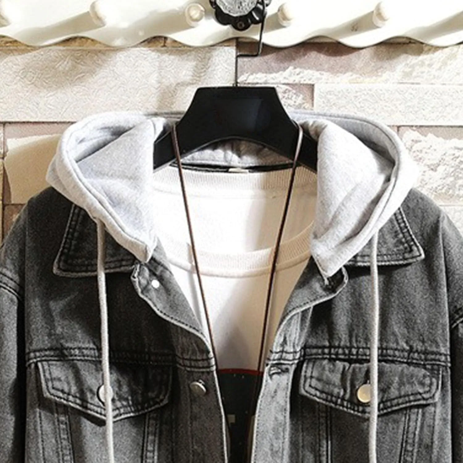 JEKE-DG Men Hoodie Jean Jacket Casual Slim Fit Denim Jacket Casual Long Sleeve Distressed Trucker Outwear with Hood