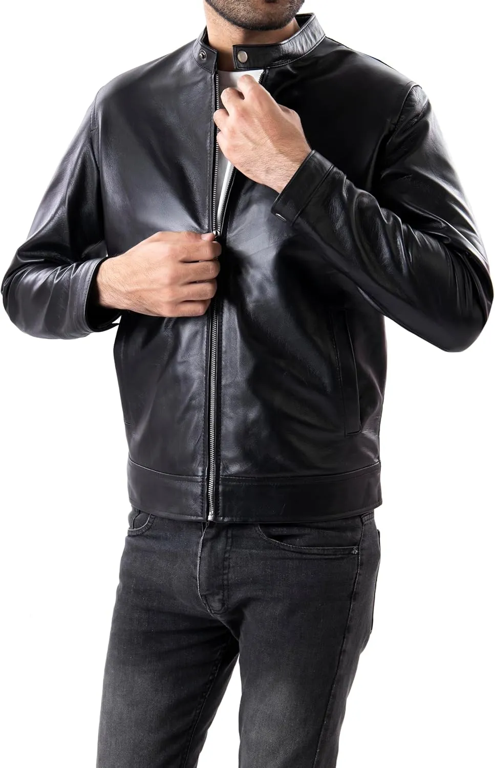 Jild Classical Single Piece Lambskin Leather Jacket Men - Everyday Wear Snap Tab Collar Mens Motorcycle Leather Jacket