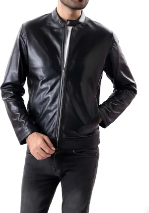 Jild Classical Single Piece Lambskin Leather Jacket Men - Everyday Wear Snap Tab Collar Mens Motorcycle Leather Jacket