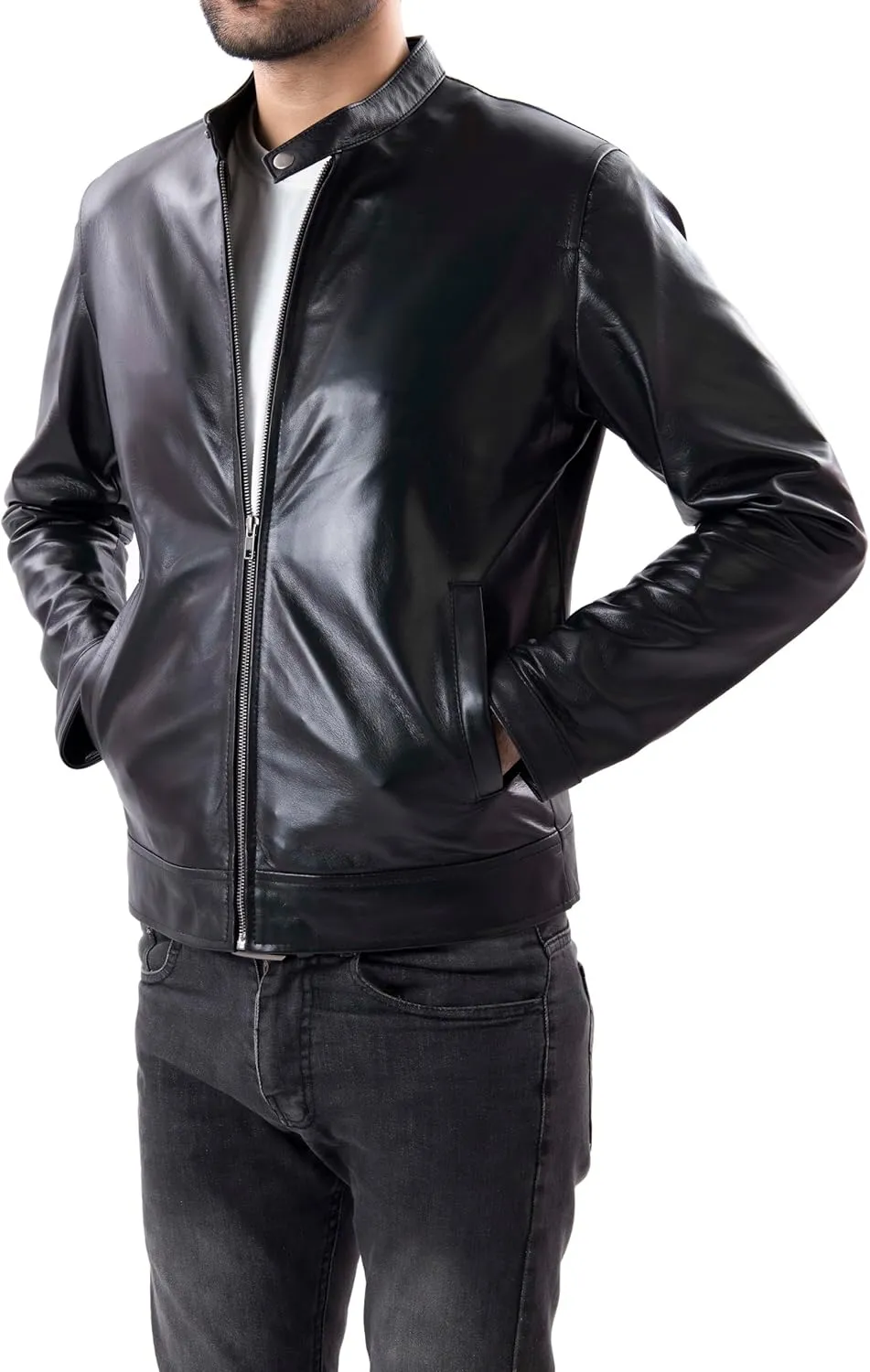 Jild Classical Single Piece Lambskin Leather Jacket Men - Everyday Wear Snap Tab Collar Mens Motorcycle Leather Jacket