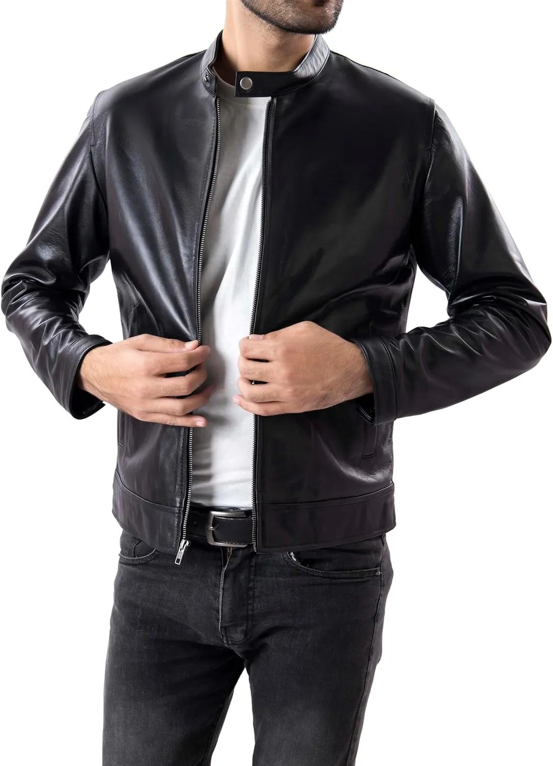 Jild Classical Single Piece Lambskin Leather Jacket Men - Everyday Wear Snap Tab Collar Mens Motorcycle Leather Jacket