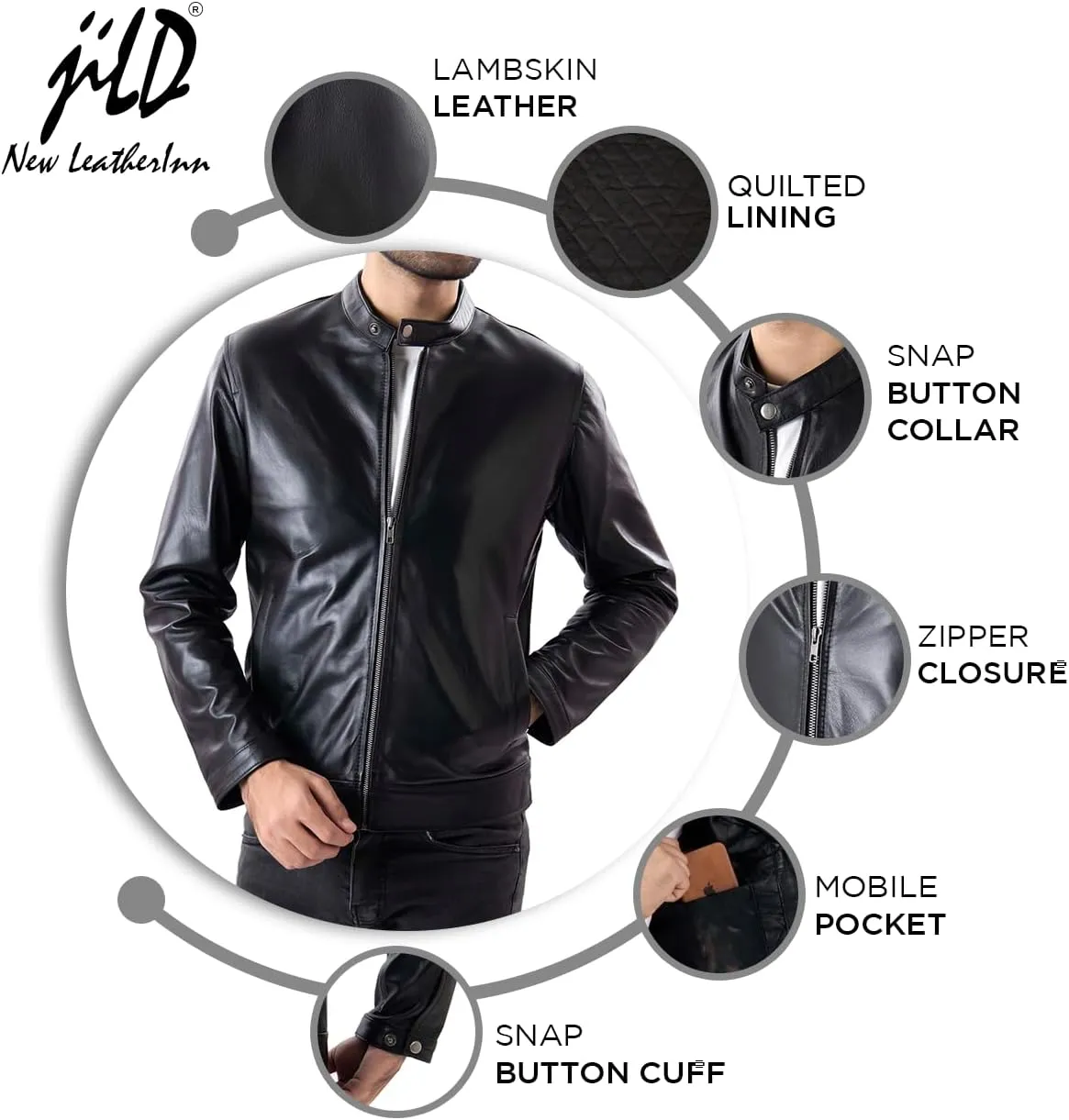 Jild Classical Single Piece Lambskin Leather Jacket Men - Everyday Wear Snap Tab Collar Mens Motorcycle Leather Jacket